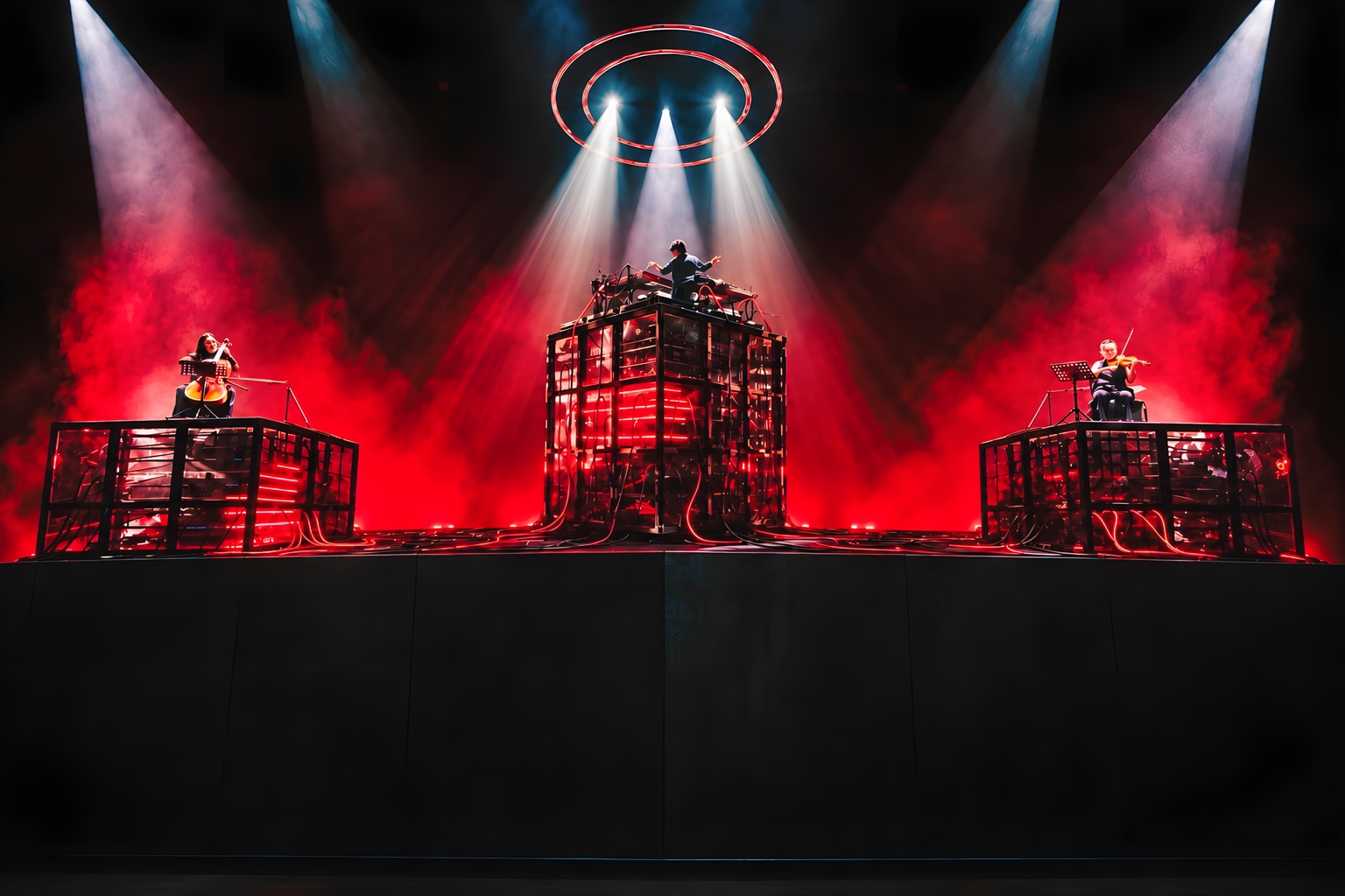 Artist-approved Future Machine stage visualisation: three cable-lit structures beneath two orbital rings and white beams, surrounded by vivid crimson light.