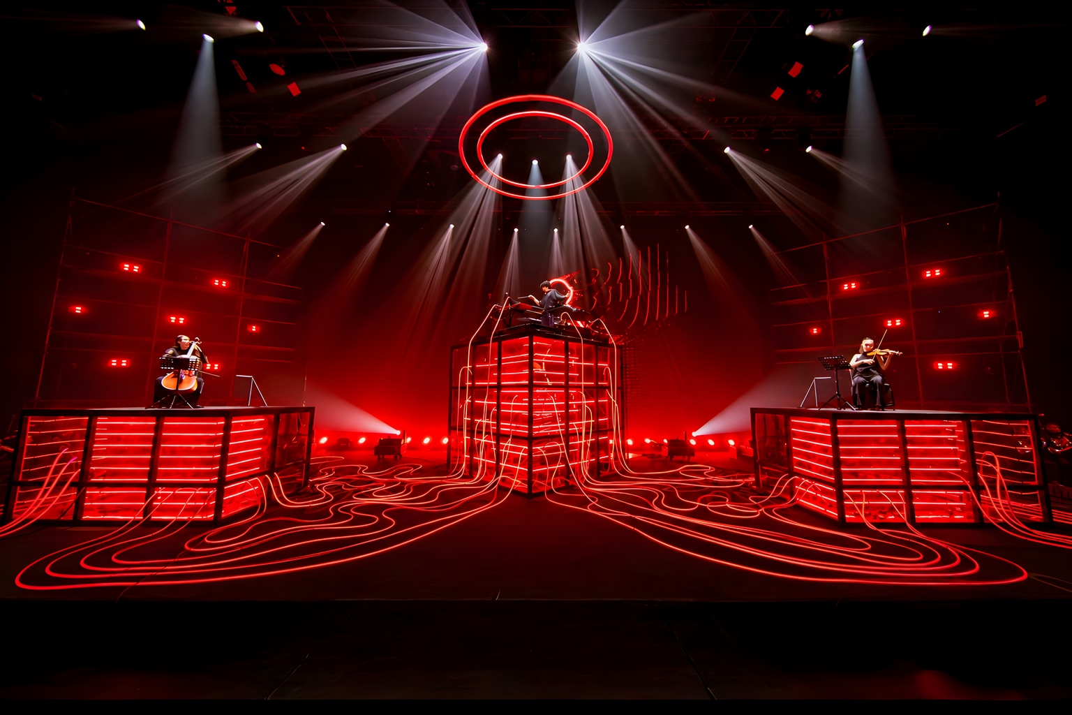 Future Machine stage in saturated red light, with illuminated cables, three musicians and two overhead rings.
